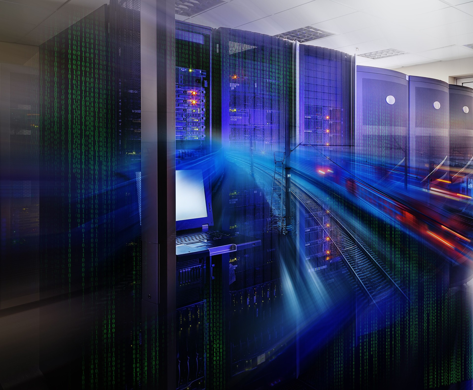 futuristic supercomputer  in data center with railway lines binary code